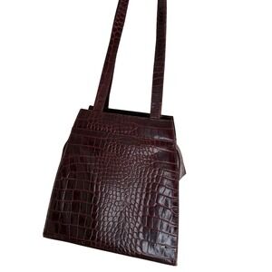 Vtg Kenneth Jay Lane Croc Embossed maroon Leather Shoulder Bag | KJL 1980s Tote